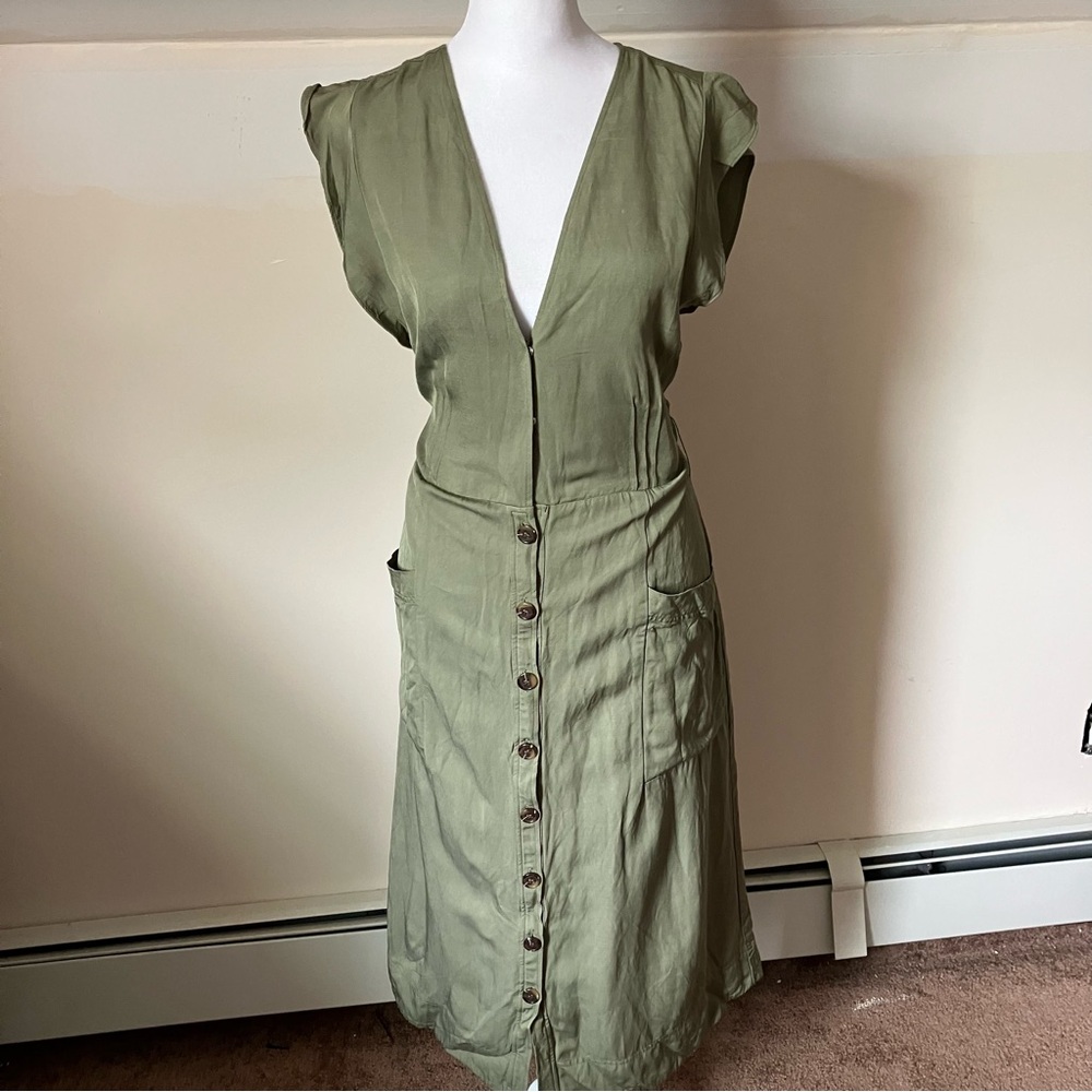 Reiss Emma Plunge Linen Blend Olive Green Button Up Midi Dress size 10 - Picture 7 of 14